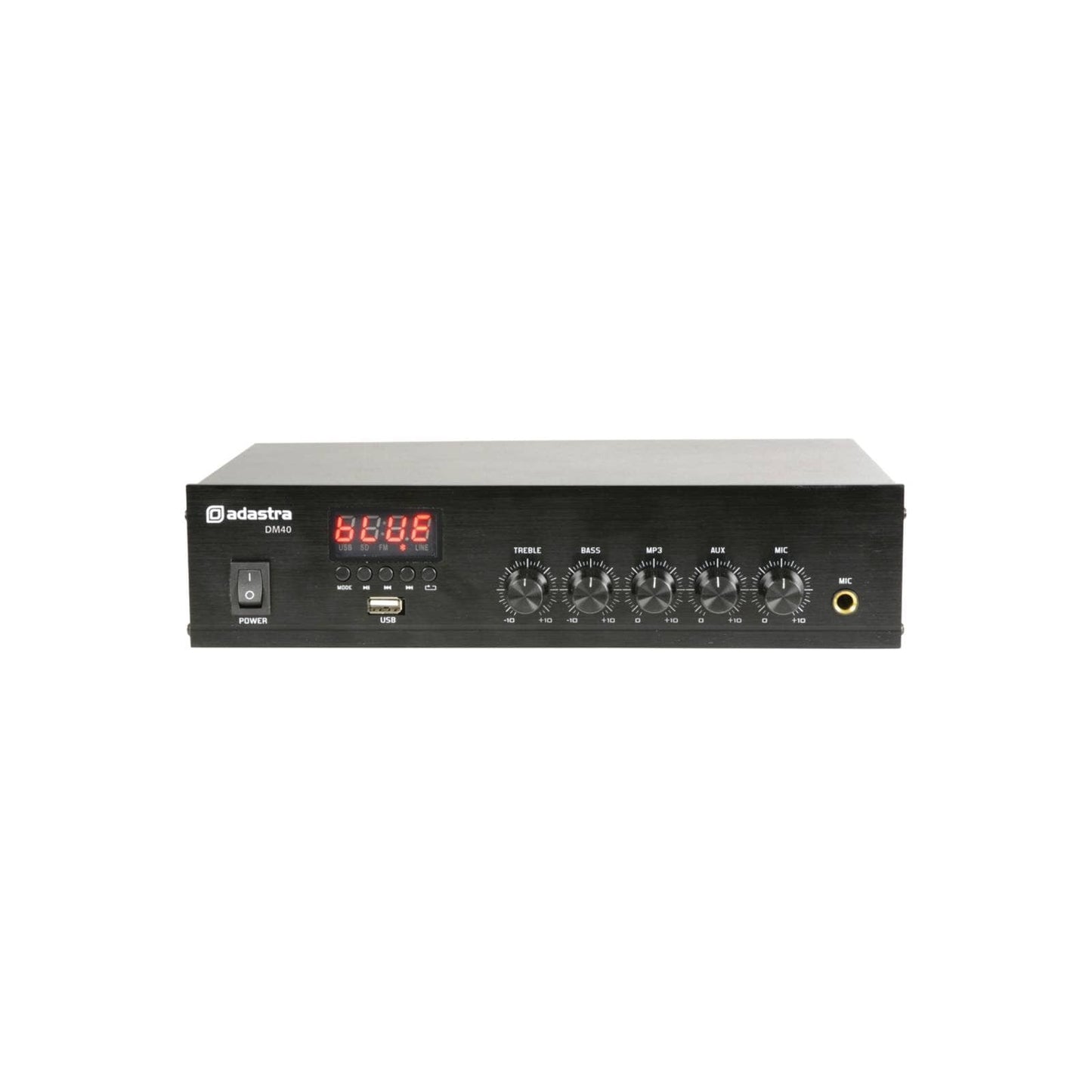 Adastra DM40 40W Mixer Amplifier featuring USB, FM Tuner, and Bluetooth connectivity, suitable for 100V line and low impedance applications.