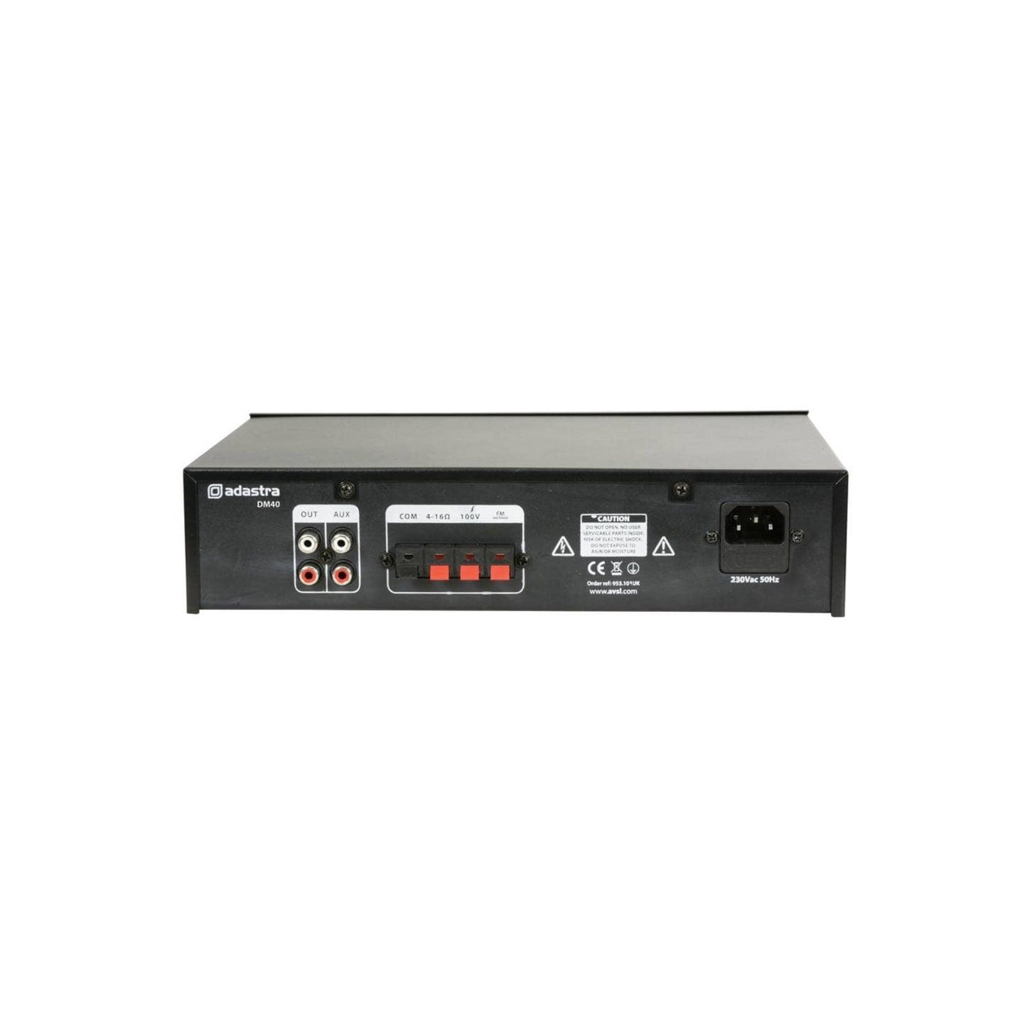 Adastra DM40 40W Mixer Amplifier featuring USB, FM Tuner, and Bluetooth Connectivity, compatible with 100V Line and Low Impedance systems.