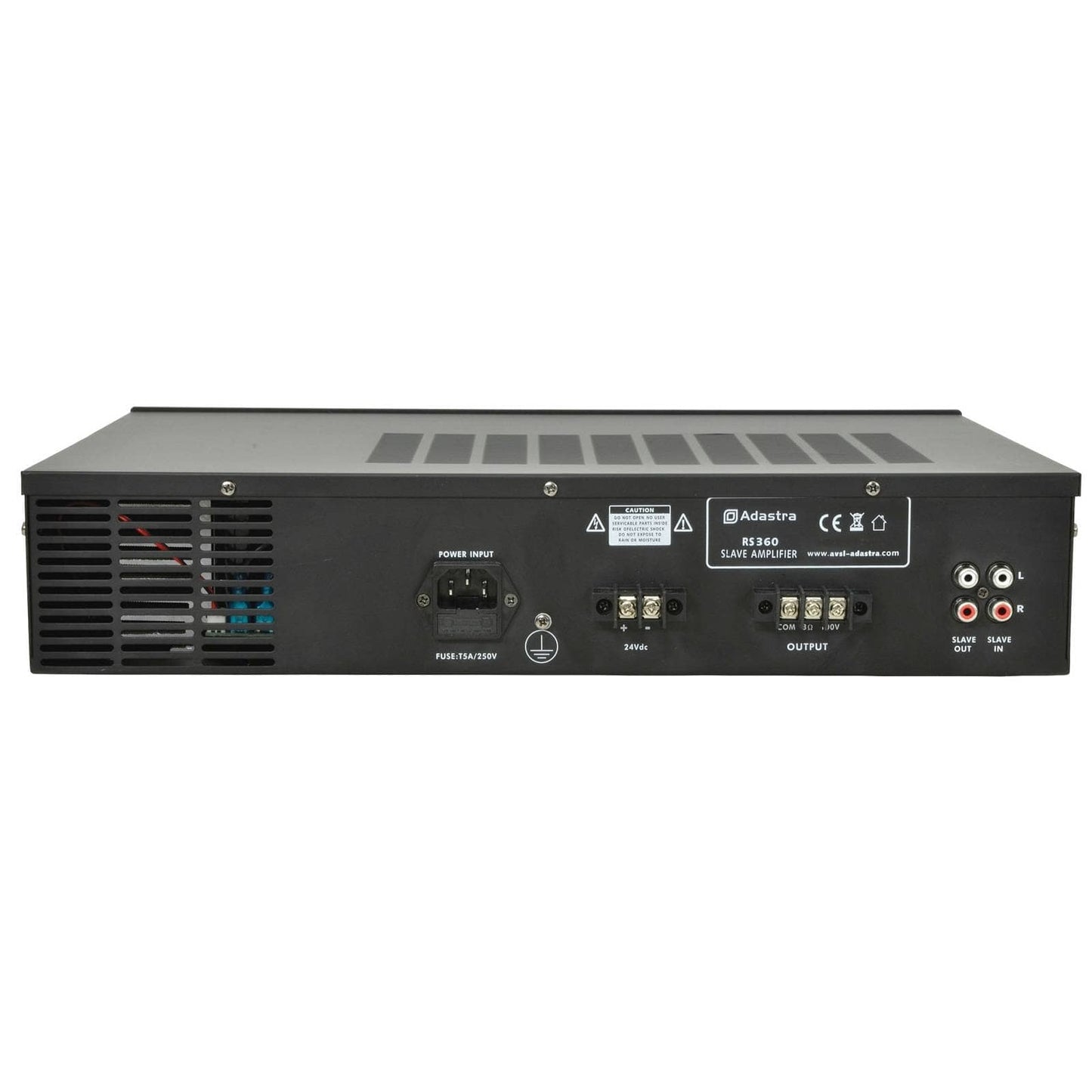 Adastra RS360 Slave Amplifier 100V 360W, a high power 2U rack mountable audio amplifier designed for professional sound systems.
