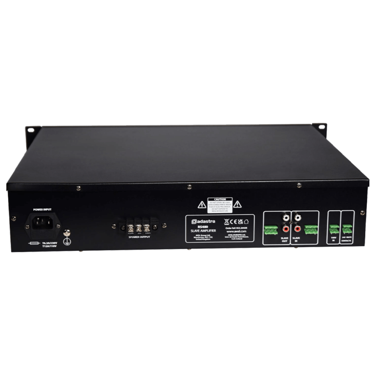 Adastra RS480 Slave Amplifier, a high power rack-mountable audio solution with a sleek design.