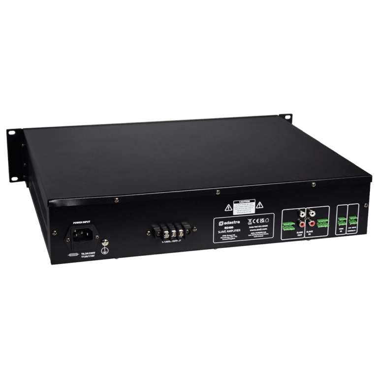 Adastra RS480 Slave Amplifier 100V 480W, a high power rack-mountable audio solution displayed in an image.