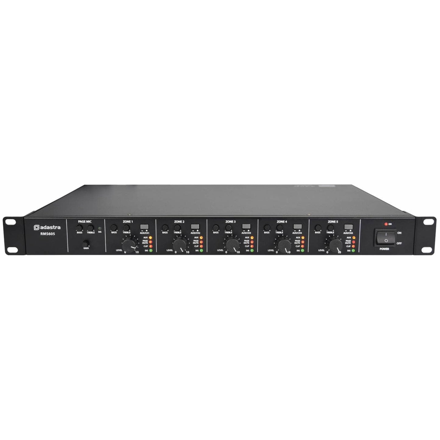 Adastra RMS605 Slave Amplifier featuring 5 channels of 60W RMS power, designed for 100V systems with 5-zone audio control.