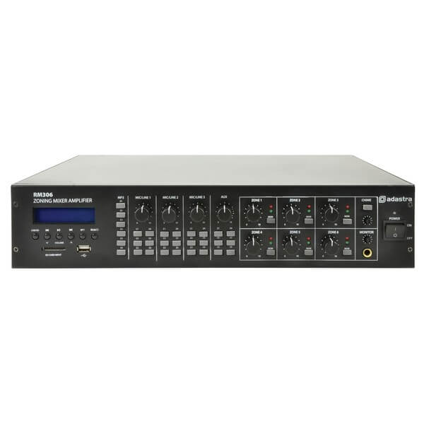 ADASTRA RM306 6-Zone Mixer Amplifier with USB, SD, FM, and Bluetooth capabilities, featuring 6 x 30W output.