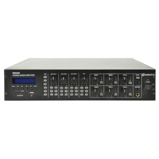 ADASTRA RM306 6-Zone Mixer Amplifier with USB, SD, FM, and Bluetooth capabilities, featuring 6 x 30W output.