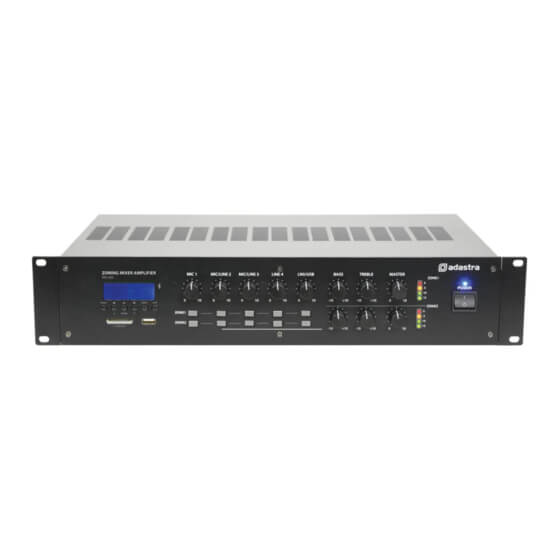 Adastra RM1202 Rackmount 2-Zone Mixer-Amplifier featuring USB, SD, FM, and Bluetooth connectivity with 2x120W output for 100V systems.