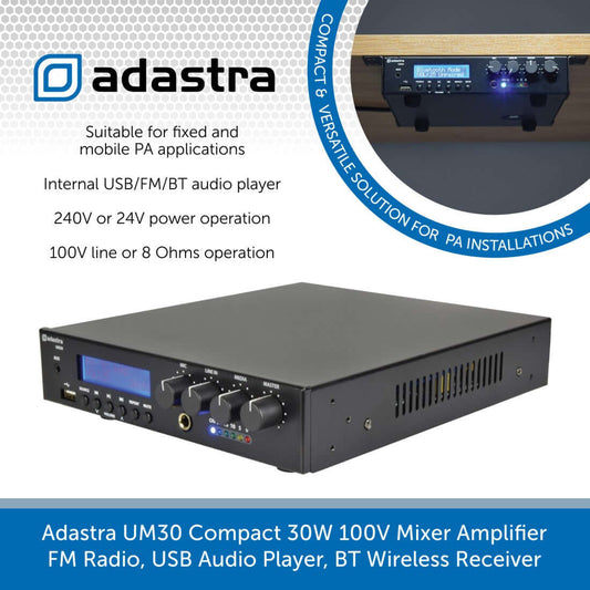 Adastra UM30 Ultra Compact Mixer-Amplifier with USB, FM, and Bluetooth capabilities, ideal for 100V line or 8 Ohm speakers.