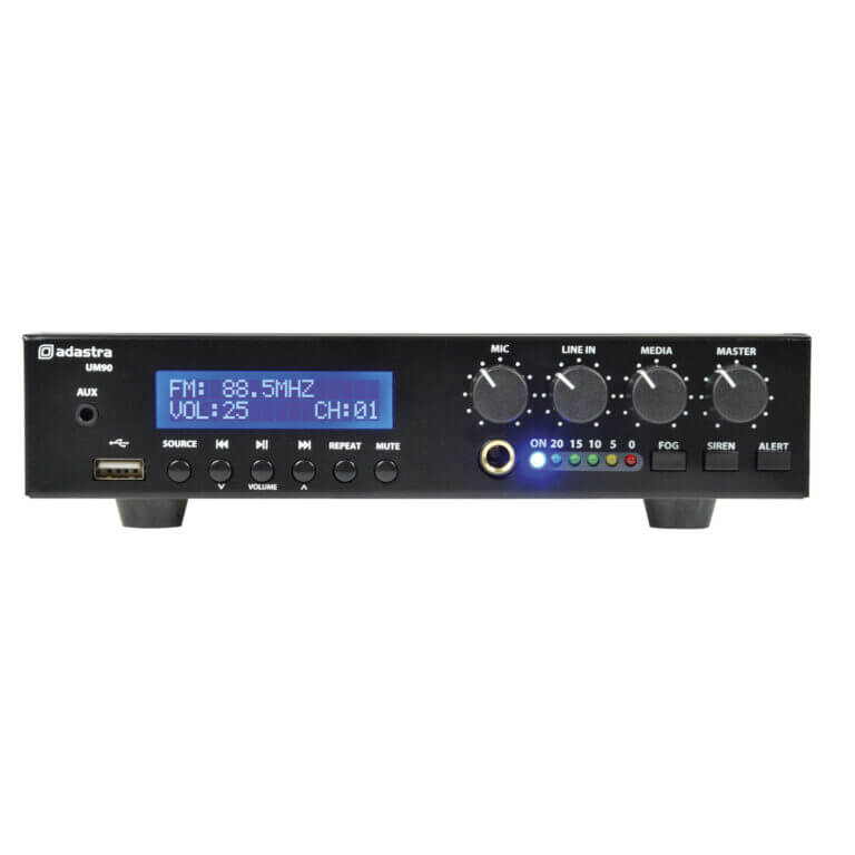 Adastra UM90 Ultra Compact Mixer-Amplifier with USB, FM, and Bluetooth features, showcasing a sleek design suitable for audio amplification.