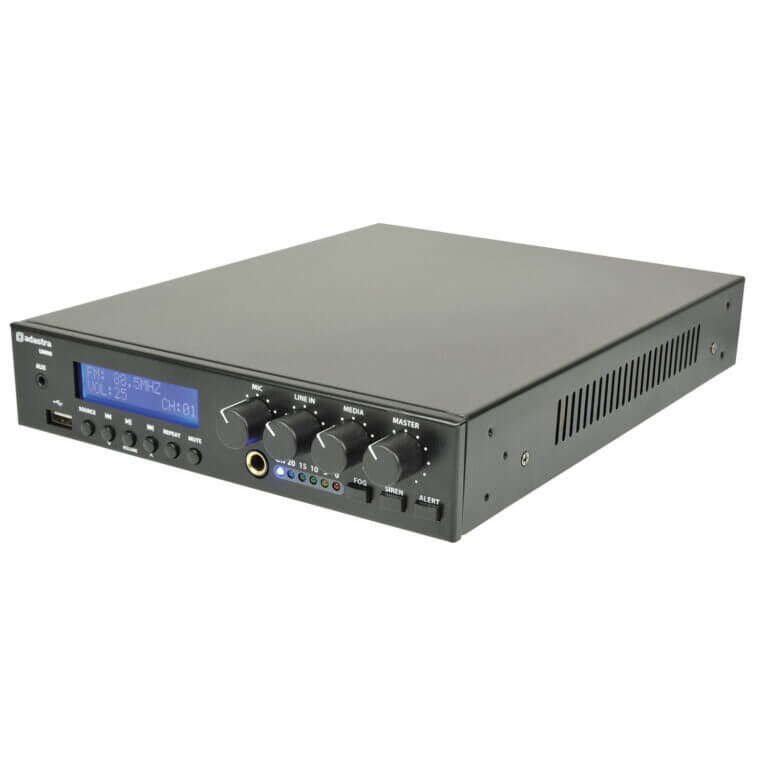 Adastra UM90 Ultra Compact Mixer-Amplifier featuring USB, FM, and Bluetooth connectivity with a power output of 90W for 100V line applications.