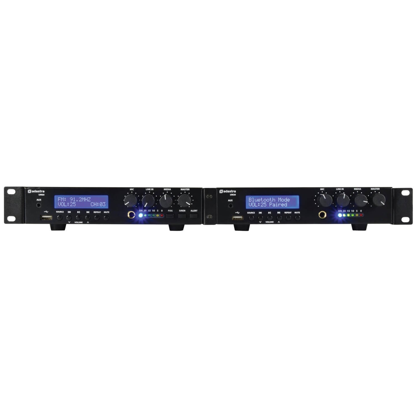 Adastra UM90 Ultra Compact Mixer-Amplifier with USB, FM, and Bluetooth features, designed for 90W 100V line applications.