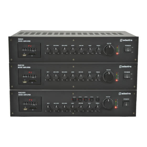 ADASTRA RM60B 60W Mixer-Amplifier featuring USB, Bluetooth, and FM Tuner capabilities, suitable for 100V Line and 8 Ohm output.