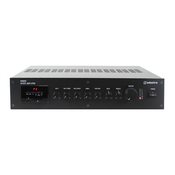 ADASTRA RM60B 60W Mixer-Amplifier featuring USB, Bluetooth, and FM Tuner capabilities with 100V Line and 8 Ohm output.
