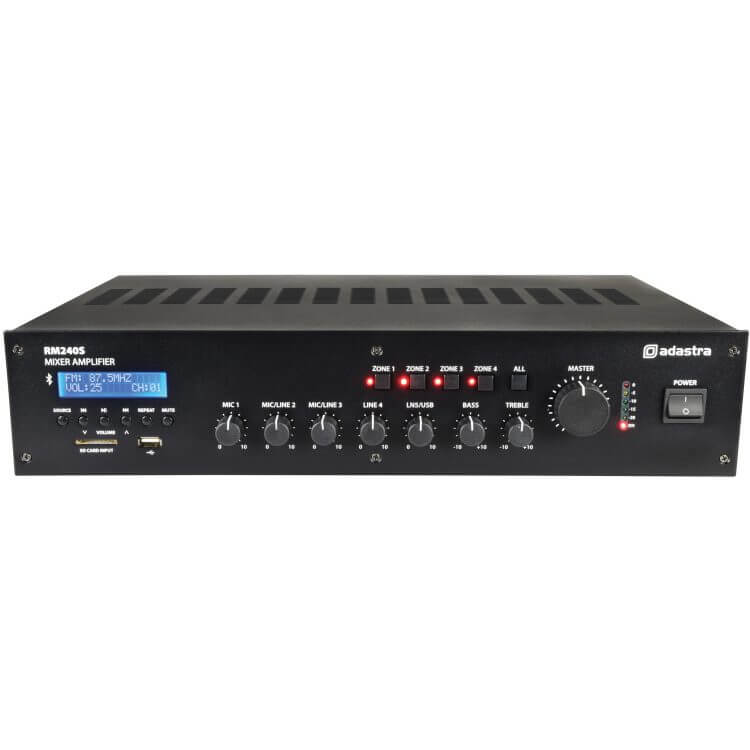 Adastra RM240SB Mixer-Amplifier featuring USB, Bluetooth, FM, 100V output, 240W power, and 4 zone control in a 5 channel rack mount design.