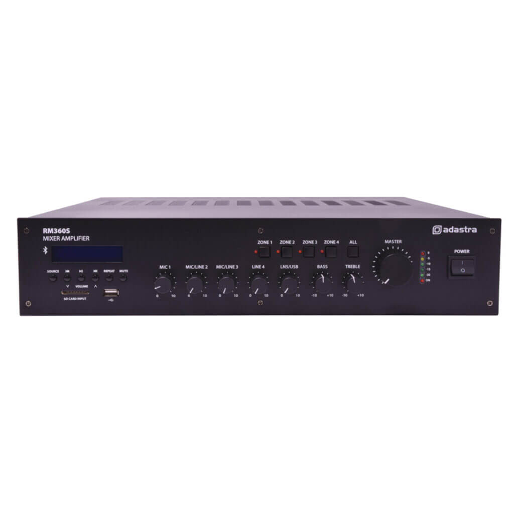Adastra RM360S 4-Zone 100V Mixer-Amplifier with USB, Bluetooth, and FM, featuring a sleek design and multiple connectivity options.