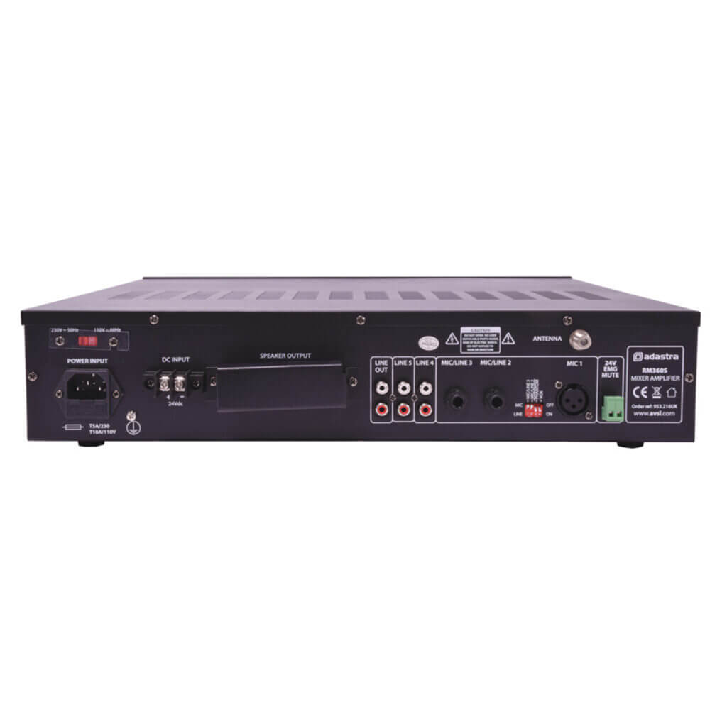 Adastra RM360S 4-Zone 100V Mixer-Amplifier featuring USB, Bluetooth, and FM capabilities, providing 360W of power.