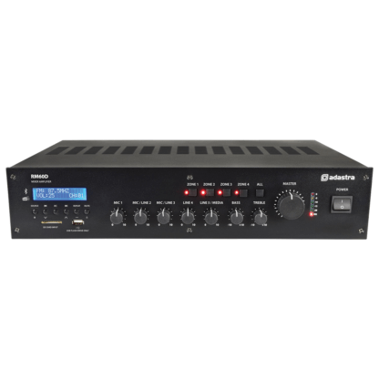 Adastra RM60D 60W Mixer-Amplifier featuring DAB+, Bluetooth, and USB/SD connectivity, designed for 5-channel 100V line applications.