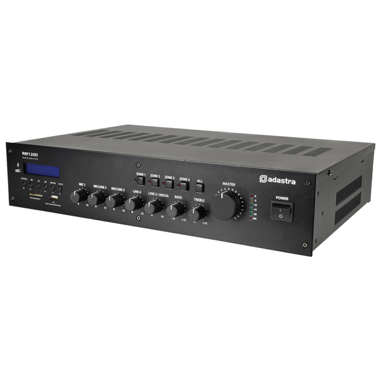 Adastra RM120D Mixer-Amplifier featuring USB, Bluetooth, FM/DAB+ capabilities with 100V output and 120W power.