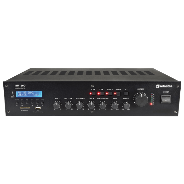 Adastra RM120D Mixer-Amplifier featuring USB, Bluetooth, FM/DAB+, and 100V output with 120W power.