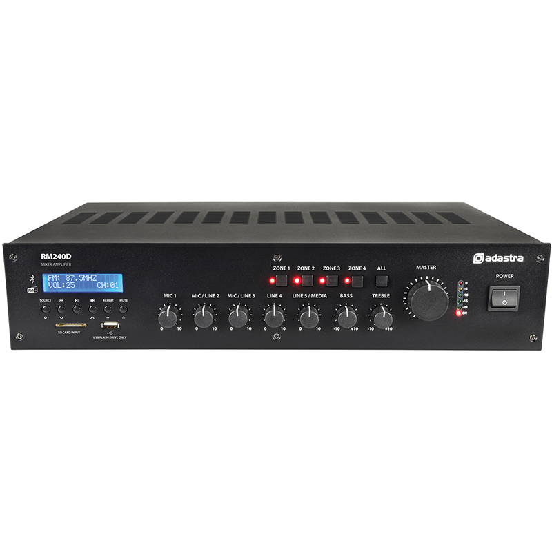 ADASTRA RM240D 100V Mixer-Amplifier with USB, Bluetooth, FM, and DAB+, featuring a sleek design and powerful 240W output.