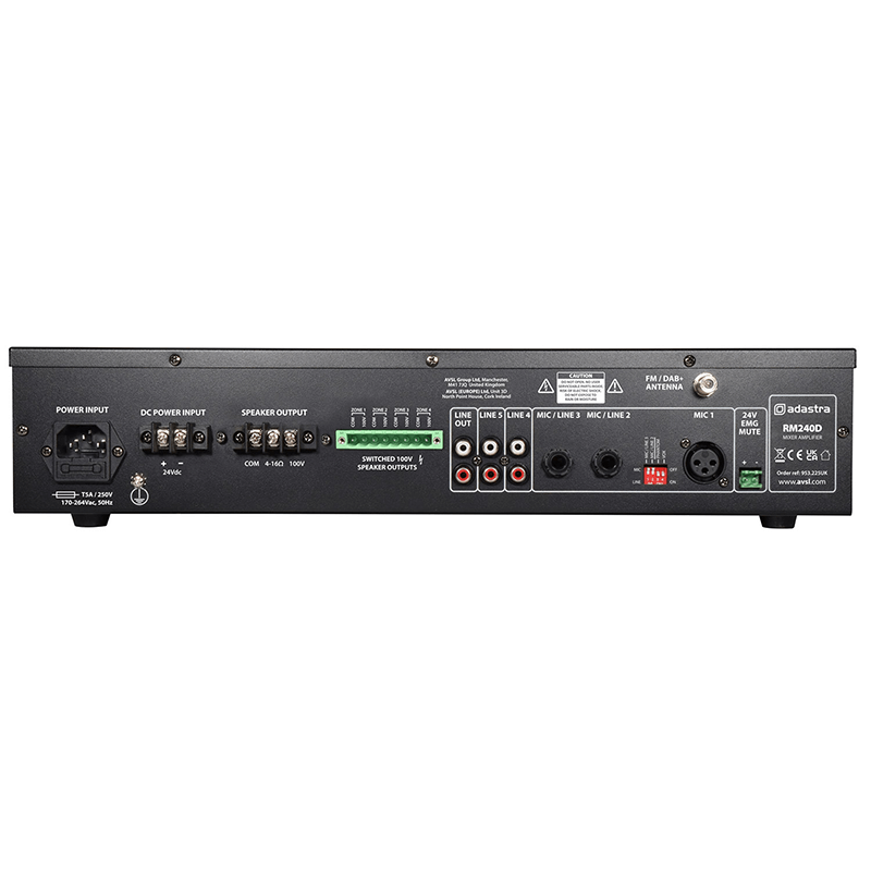 ADASTRA RM240D 100V Mixer-Amplifier with USB, Bluetooth, FM, and DAB+, showcasing the front panel and features.