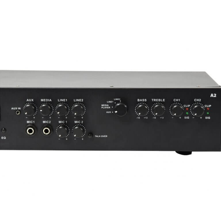 ADASTRA A2 STEREO PA MIXER-AMPLIFIER with USB, Bluetooth, and FM capabilities, featuring a power output of 2 x 200W RMS at 8 Ohm.