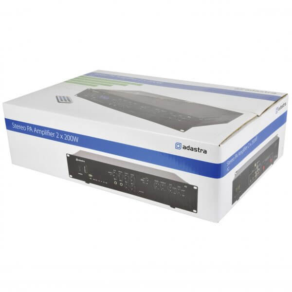 ADASTRA A2 STEREO PA MIXER-AMPLIFIER with USB, Bluetooth, and FM, featuring 2 x 200W RMS output at 8 Ohm.