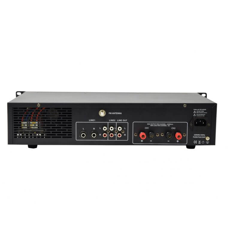 Adastra A2 Stereo PA Mixer-Amplifier with USB, Bluetooth, and FM capabilities, featuring 2 x 200W RMS output at 8 Ohm.