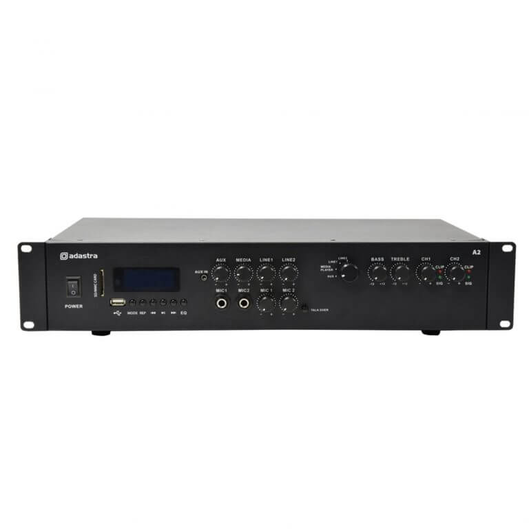 ADASTRA A2 Stereo PA Mixer-Amplifier with USB, Bluetooth, and FM, featuring dual 200W RMS output for 8 Ohm speakers.