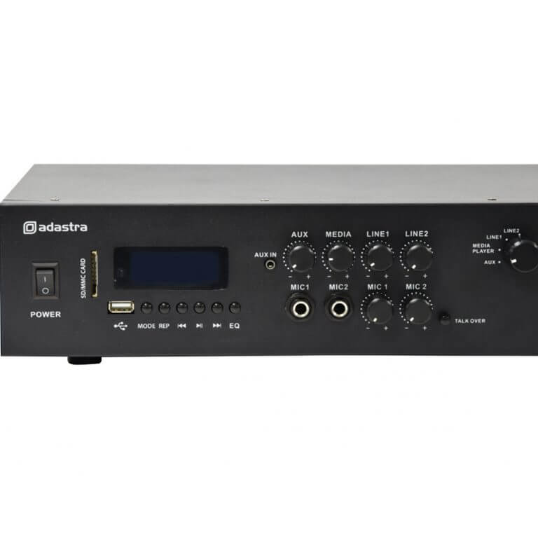 ADASTRA A2 STEREO PA MIXER-AMPLIFIER with USB, Bluetooth, and FM capabilities, featuring 2 x 200W RMS output for 8 Ohm speakers.