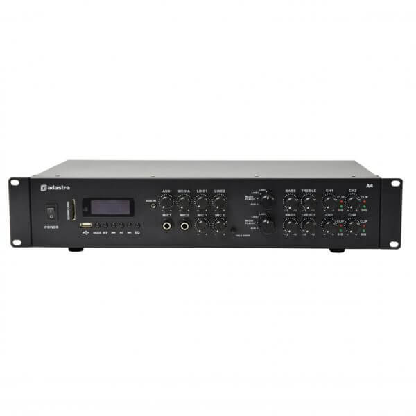 ADASTRA A4 Dual Stereo PA Mixer-Amplifier with USB, Bluetooth, and FM - 4 x 200W