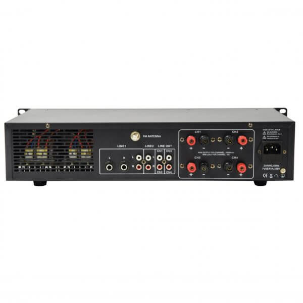 ADASTRA A4 Dual Stereo PA Mixer-Amplifier with USB, Bluetooth, and FM, featuring four channels and a power output of 200W each.