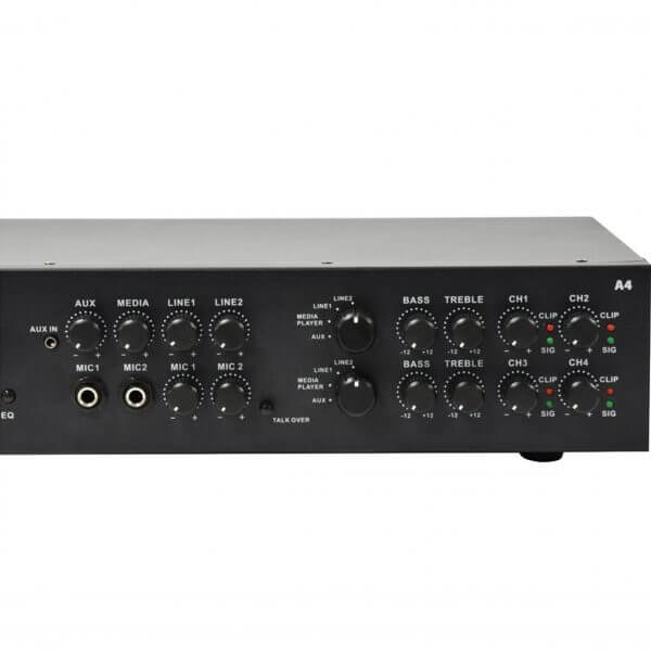 ADASTRA A4 Dual Stereo PA Mixer-Amplifier with USB, Bluetooth, and FM, featuring a sleek design and multiple input options.