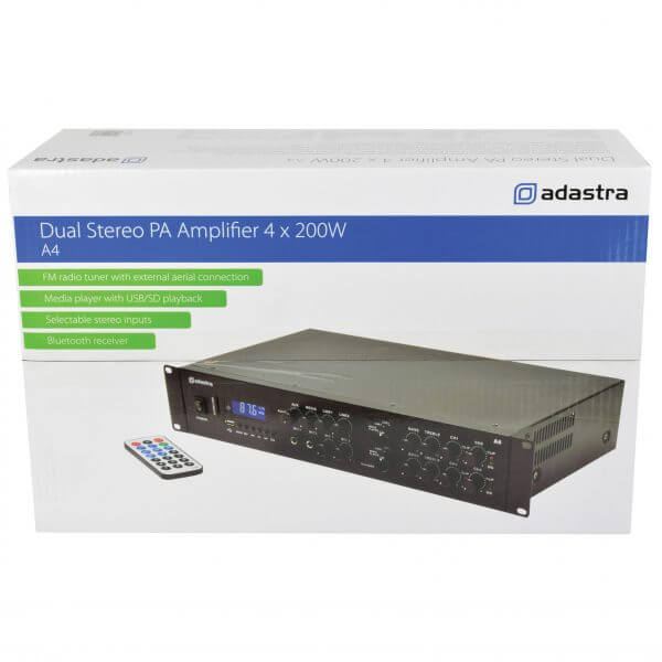 ADASTRA A4 Dual Stereo PA Mixer-Amplifier with USB, Bluetooth, and FM featuring a sleek design and multiple input options.