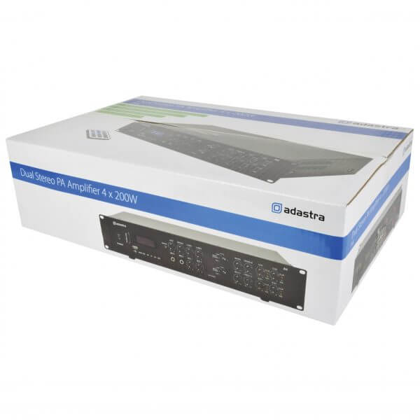 ADASTRA A4 Dual Stereo PA Mixer-Amplifier with USB, Bluetooth, and FM featuring four 200W channels.