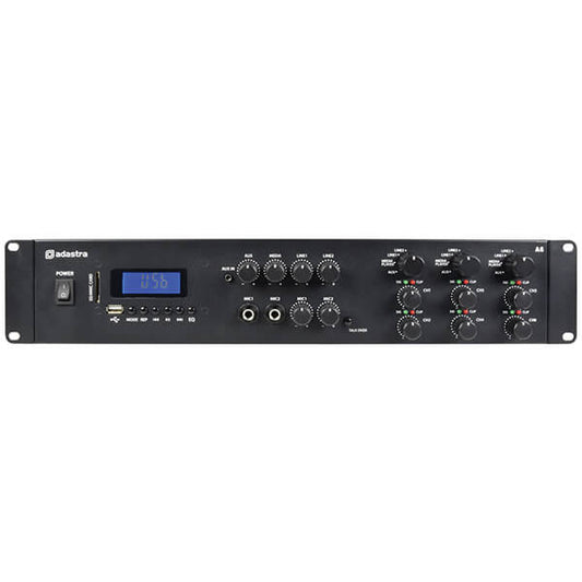 Adastra A6 Tri Stereo PA Mixer-Amplifier with USB, Bluetooth, and FM capabilities, featuring 6 channels and 200W RMS output at 4 Ohms.