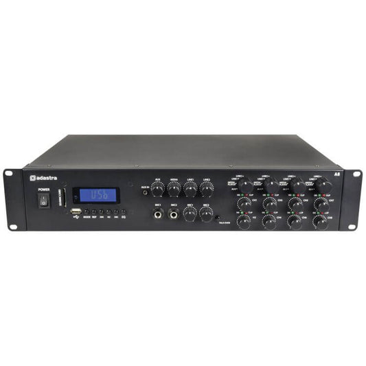 ADASTRA A8 Quad Stereo PA Mixer-Amplifier with USB, Bluetooth, and FM features, capable of delivering 8 x 200W at 4 Ohms.