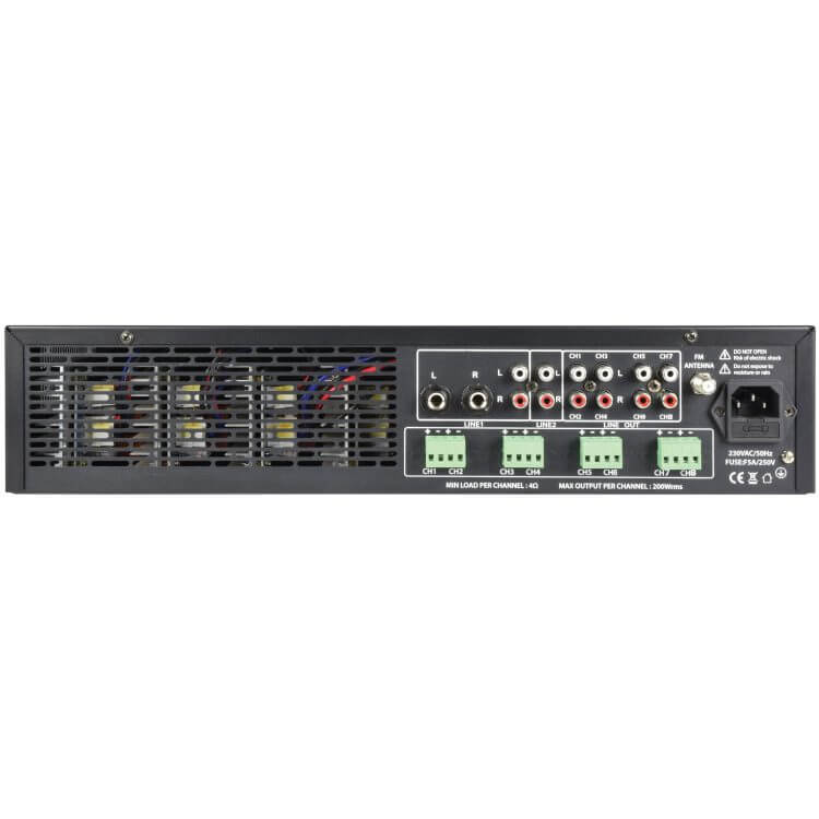 ADASTRA A8 Quad Stereo PA Mixer-Amplifier with USB, Bluetooth, and FM, featuring a sleek design suitable for multi-zone audio setups.