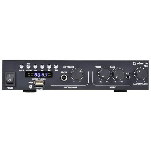 Adastra A22 Compact Stereo PA Mixer-Amplifier with USB, Bluetooth, and FM Tuner, featuring dual 25W RMS output.