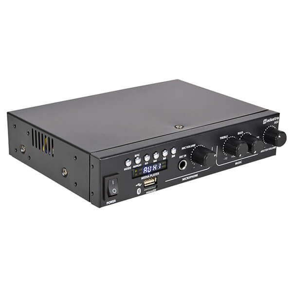 Adastra A22 Compact Stereo PA Mixer-Amplifier featuring USB, Bluetooth, and FM Tuner with 2 x 25W RMS output.