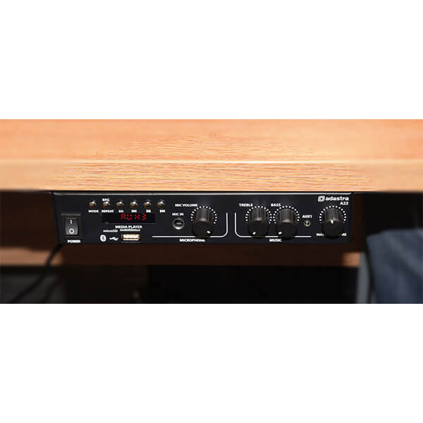 Adastra A22 Compact Stereo PA Mixer-Amplifier featuring USB, Bluetooth, and FM Tuner with 2 x 25W RMS output.