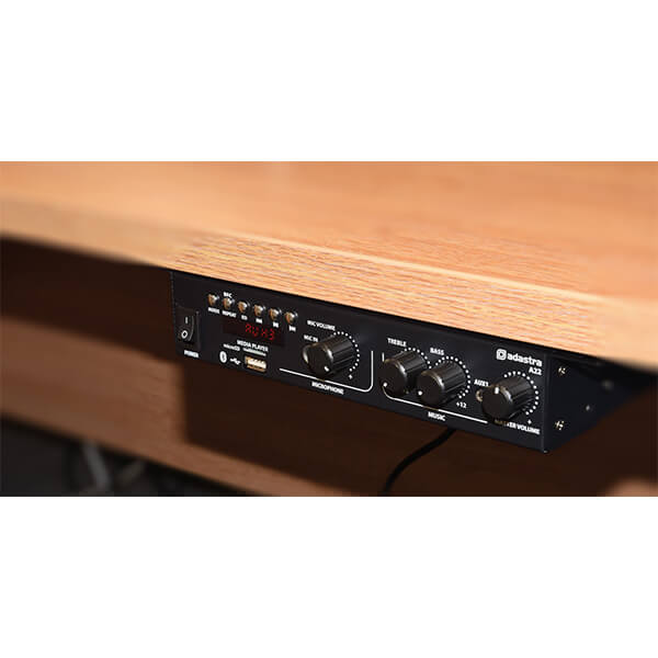 Adastra A22 Compact Stereo PA Mixer-Amplifier featuring USB, Bluetooth, and FM Tuner with 2 x 25W RMS output.