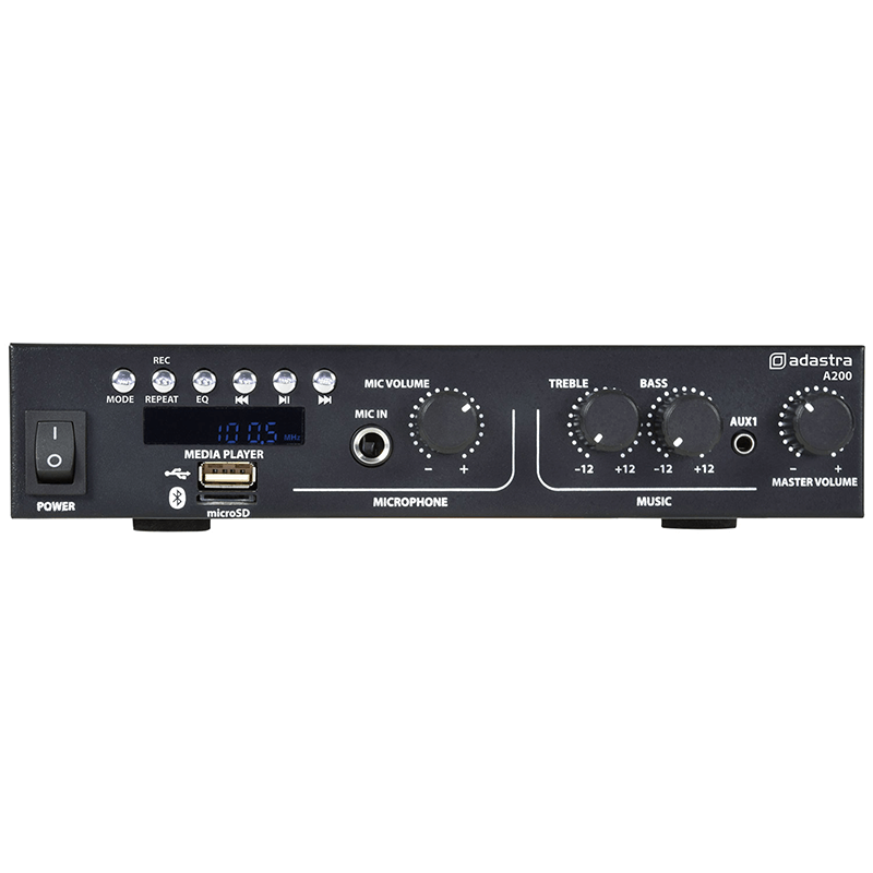 ADASTRA A200 Compact Stereo PA Mixer-Amplifier with USB, Bluetooth, and FM features, showcasing its design and functionality.