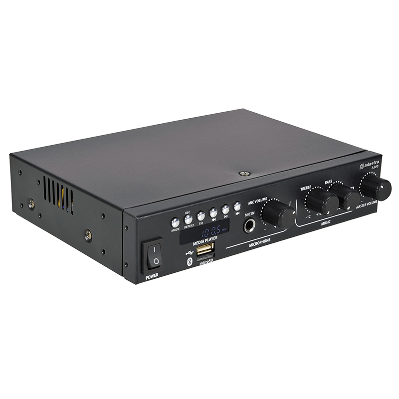 ADASTRA A200 Compact Stereo PA Mixer-Amplifier with USB, Bluetooth, and FM - 2 x 100W Output displayed in an image.