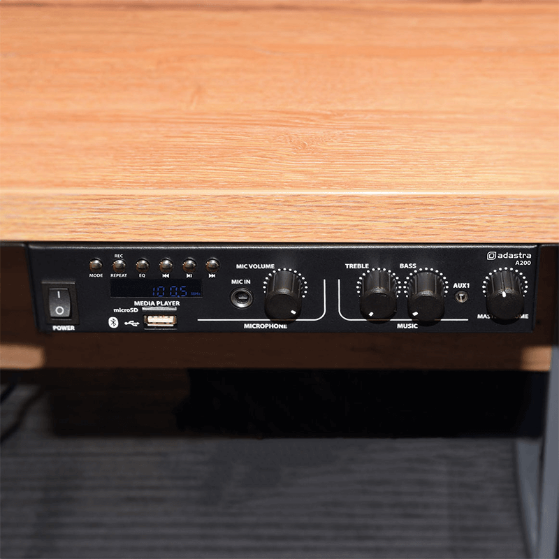 Adastra A200 Compact Stereo PA Mixer-Amplifier with USB, Bluetooth, and FM features, showcasing its sleek design and dual 100W output capability.