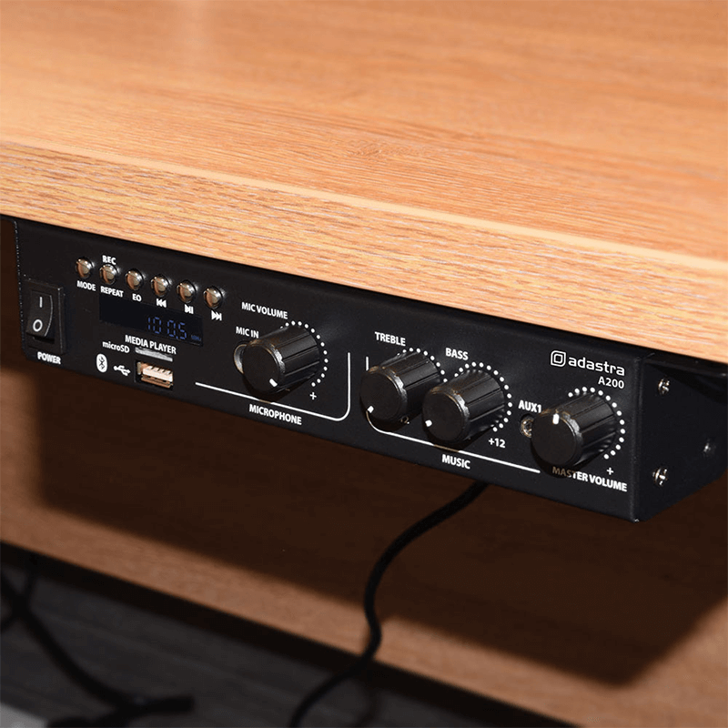 ADASTRA A200 Compact Stereo PA Mixer-Amplifier with USB, Bluetooth, and FM features, showcasing its design and functionality.