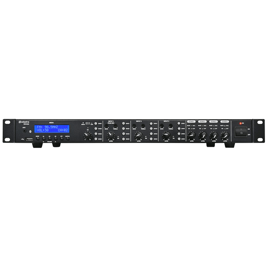ADASTRA RM4460 Mixer-Amplifier featuring USB, SD, FM, and Bluetooth connectivity with 4 zones and 4x60W power output.