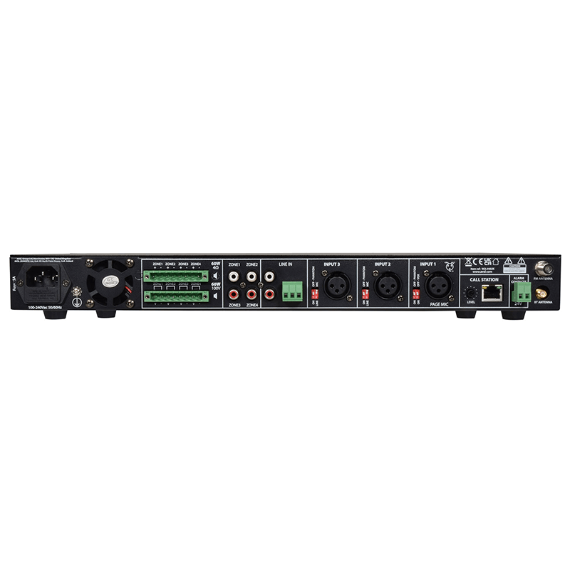 ADASTRA RM4460 Mixer-Amplifier with USB, SD, FM, and Bluetooth capabilities, featuring a 4 zone output of 4x60W, ideal for versatile audio solutions.