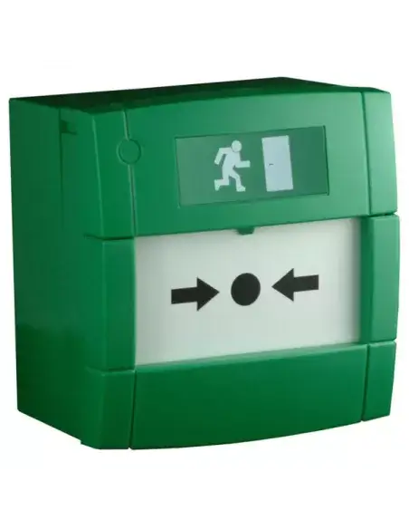 Image of a ZKTeco Manual Call Point in green color with a resettable design.