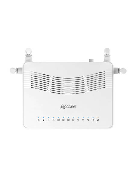 Acconet AC1800 xPON 4-Port Gigabit Wireless ONU with multiple LAN ports and USB connection.