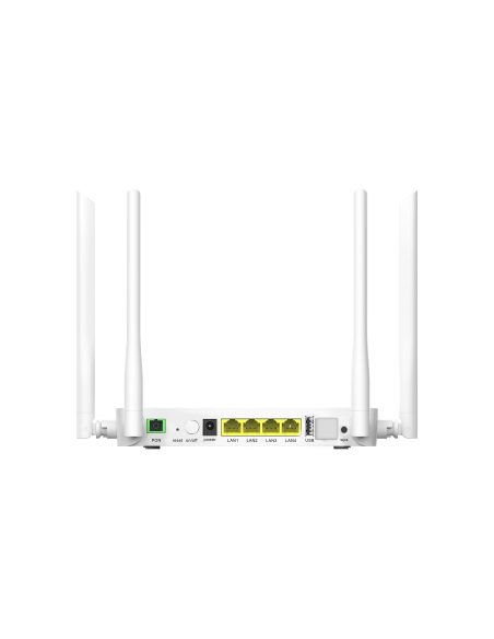 Acconet AC1800 xPON 4-Port Gigabit Wireless ONU with four LAN ports and USB connection.