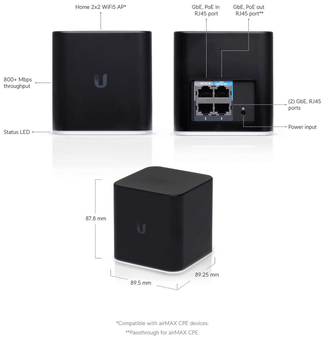 Ubiquiti UISP airCube AC WiFi Access Point, a compact and sleek device designed for wireless internet connectivity.